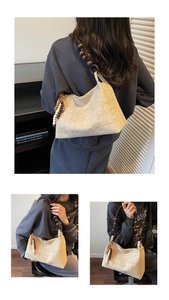 Detailed view of beige quilted handbag featuring vintage wooden bead strap and tassel