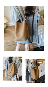 Detailed view of camel lychee textured PU leather bucket bag with adjustable strap