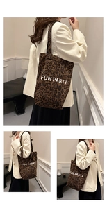 Detail view of leopard print tote bag featuring Fun Party text print and canvas texture