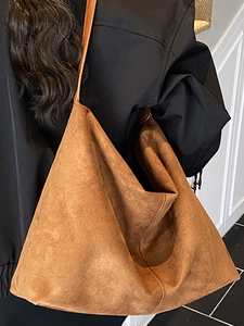Retro brown large capacity PU leather shoulder tote bag for women with minimalist design