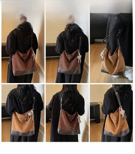Multiple views of a vintage brown suede tote bag featuring a cute bunny charm decoration