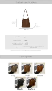 Detailed size chart and multi-color comparison of high-capacity PU leather bucket bags