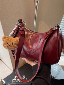 Vintage PU Leather Underarm Bag For Women Glossy Minimalist Half Moon Shoulder Bag Korean Style Solid Color Handbag With Bear Pendant