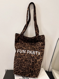Autumn vintage leopard print shoulder tote bag with Fun Party graphic and long straps