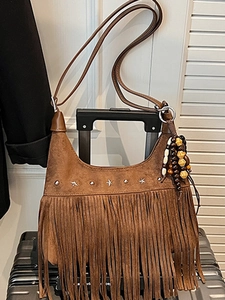 Borsa a Tracolla Vintage Bohemien con Frange per Donna in Ecopelle PU Borsa Hobo con Borchie a Stella e Ciondolo in Perline