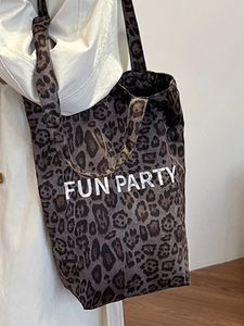 Autumn vintage leopard print tote bag with Fun Party text on shoulder for women