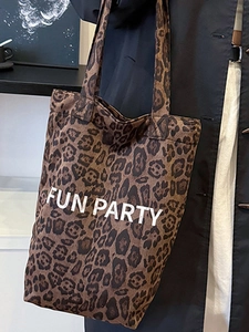 Vintage leopard print plush tote bag for women featuring FUN PARTY text print
