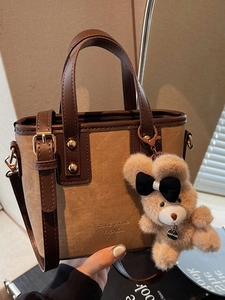Dames Mode PU Leer Canvas Patchwork Emmer Tas Vintage Kleine Schoudertas Met Beer Hanger Casual Tote