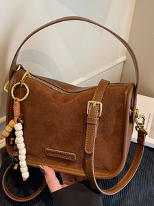 Women Vintage Suede Splicing Shoulder Bag Beaded Charm Large Capacity PU Leather Crossbody Boston Bag Daily Casual