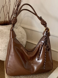 Sac à Épaule Hobo en Cuir PU Brillant Rétro pour Femmes Grande Capacité Sac Sous le Bras Avec Bandoulière Nœud Tote Minimaliste