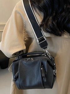 Black Boston handbag in lychee leather with wide woven strap for women casual fashion
