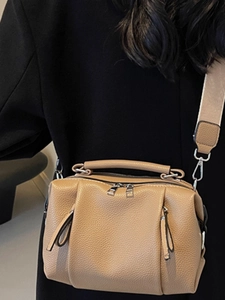 Brown leather Boston handbag with wide woven shoulder strap for women casual fashion