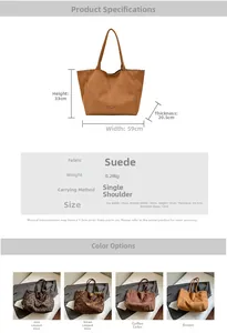 Detailed size chart for large suede tote bag with leopard print and solid color options