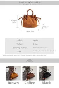 Detailed size specifications for the suede bucket bag with 24x19x13cm dimensions