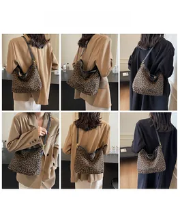 Collage of model wearing a leopard print bucket bag with golden hardware and black strap