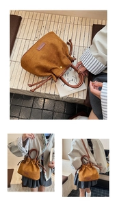 Detailed views of caramel suede bucket bag featuring drawstring closure and leather logo