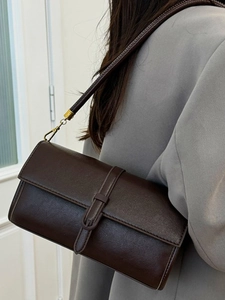 Borsa a tracolla rettangolare retrò marrone scuro in finta pelle opaca con dettagli oro