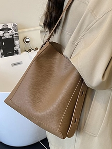 Brown lychee leather large bucket bag for women, stylish minimalist shoulder tote bag