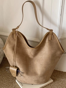 Retro Suede-look PU Leather Large Capacity Shoulder Bucket Bag For Women Fashion Commuter Tote Bag With Inner Pouch