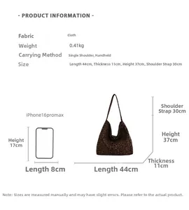 Tabella taglie e dimensioni per la grande borsa tote leopardata con confronto cellulare