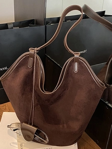 Retro large capacity dark brown suede tote bag with leather trim and shoulder straps