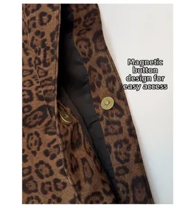 Dettaglio della borsa leopardata con chiusure magnetiche dorate in stile vintage