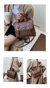 Three-way vintage brown messenger bag shown in hand-carry, shoulder, and backpack styles
