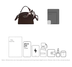 Detail view of brown pebbled leather handbag with silk scarf and capacity guide illustration