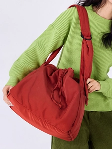 Women Large Capacity Drawstring Shoulder Bag Casual Polyester Nylon Tote Bag Solid Color Wide Strap Commuter Handbag For Women