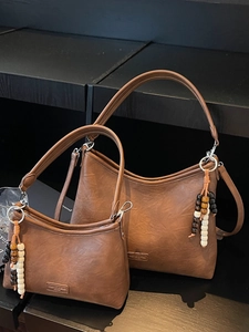 Vintage Simple High Capacity PU Leather Shoulder Bag For Women Fashion Crossbody Bag With Bead Pendant Underarm Tote Bag