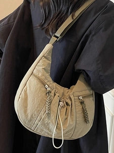 Fashionable olive green pleated crescent shoulder bag with dual zipper pockets and large capacity