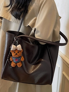 Retro dark brown large capacity faux leather tote bag with a cute bear charm