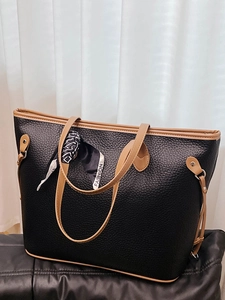 Minimalist black and tan leather tote bag with silk scarf and large capacity storage