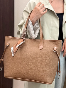 Brown pebble leather tote bag with stylish scarf handle and large capacity