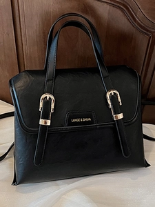 Retro black PU leather messenger bag with gold buckles and large capacity for women