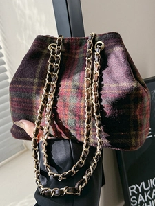 Retro Plaid Woolen Bucket Bag For Women Large Capacity Chain Strap Commuter Shoulder Bag 2025 Autumn Fashion Handbag