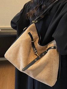 Large vintage camel suede tote bag with black trim and gold hardware for women
