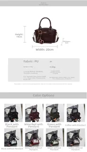 Detailed spec sheet showing PU leather bag dimensions, available colors and crossbody strap