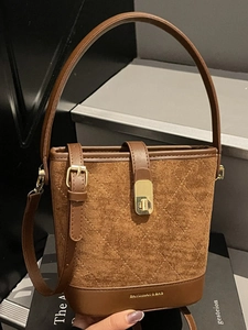 Vintage Rhombic Stitching PU Leather Bucket Bag For Women Fashion Contrast Color Crossbody Shoulder Bag With Metal Lock