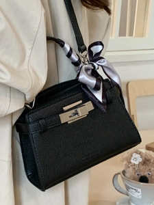 Classic black litchi texture crossbody bag with silver lock and decorative silk scarf