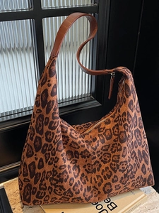 Retro leopard print hobo tote bag with brown leather strap and zip closure for women