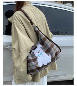 Classic earth-tone plaid tote bag with cute cartoon dog embroidery and leather strap