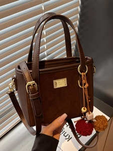 Fashion Women Suede Splicing Bucket Bag Small Shoulder Crossbody Bag With Fur Ball Pendant Solid Color Simple Handbag