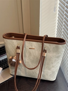 Large capacity marble texture tote bag with brown leather straps for autumn commute
