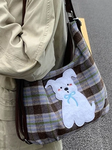 Plaid canvas tote bag featuring cute cartoon dog embroidery and brown shoulder strap