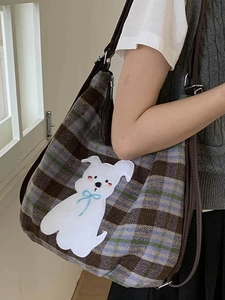 Retro checkered tote bag for women featuring cute cartoon puppy embroidery and blue ribbon