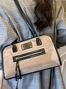 Retro khaki suede underarm bag for women with black leather trim and metal plate