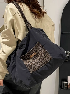 Large leopard print canvas tote bag for women with wide shoulder straps for daily commuting