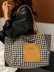 Chic checkered canvas tote bag with yellow pocket and long straps for daily commute
