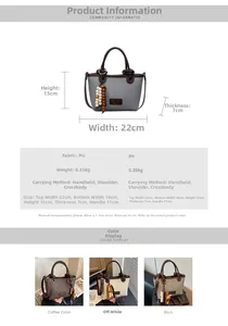 Detailed size chart for the PU woven bucket bag including dimensions and color options